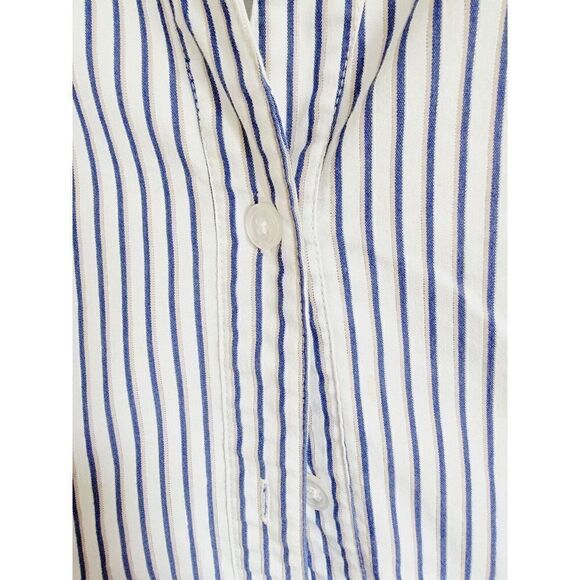 Chico's 3 White/Blue Striped Blouse Button Down XL Silver Metallic Accent Stripe - Picture 3 of 6